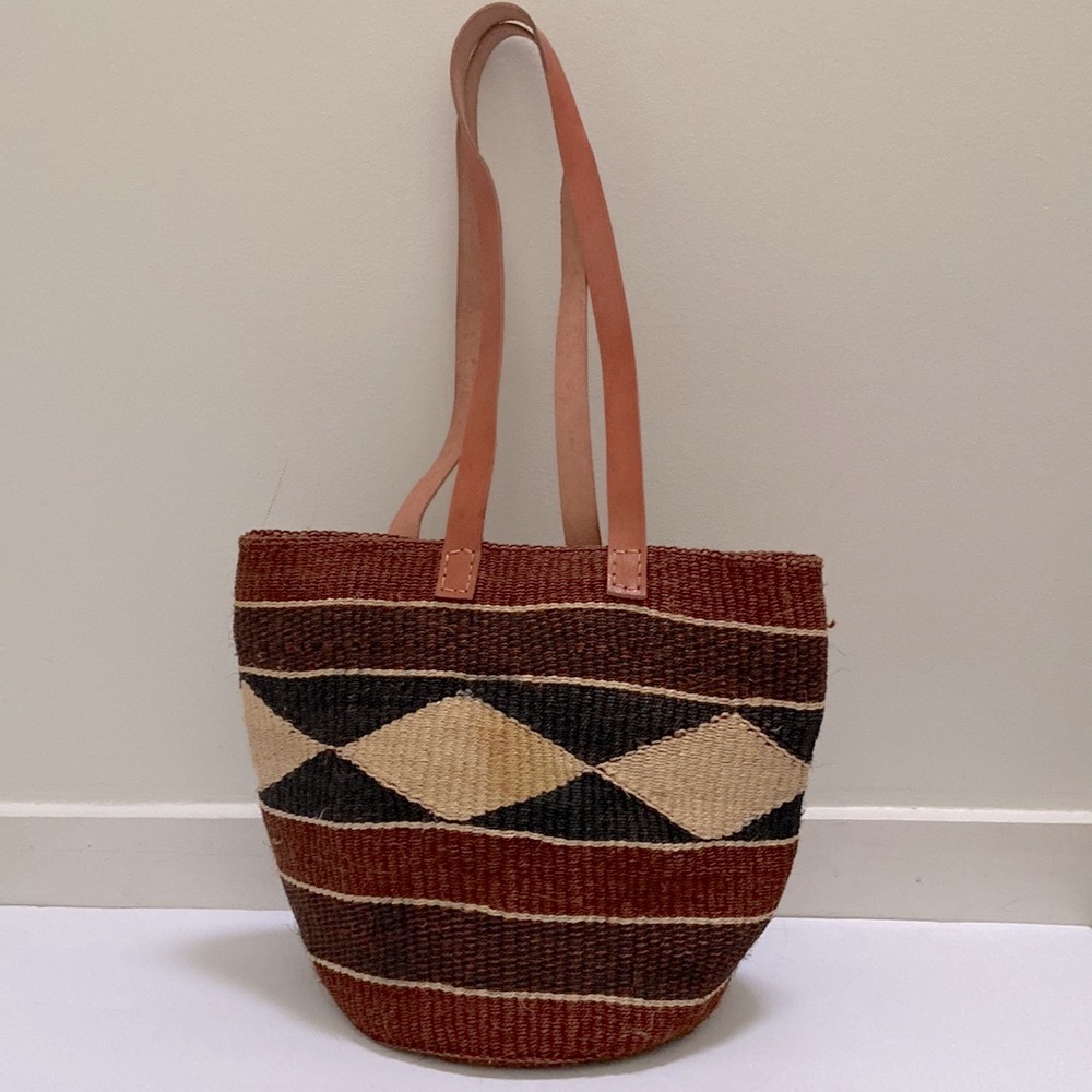 Handwoven African geometrical Brown and Black Tote Bag with leather straps